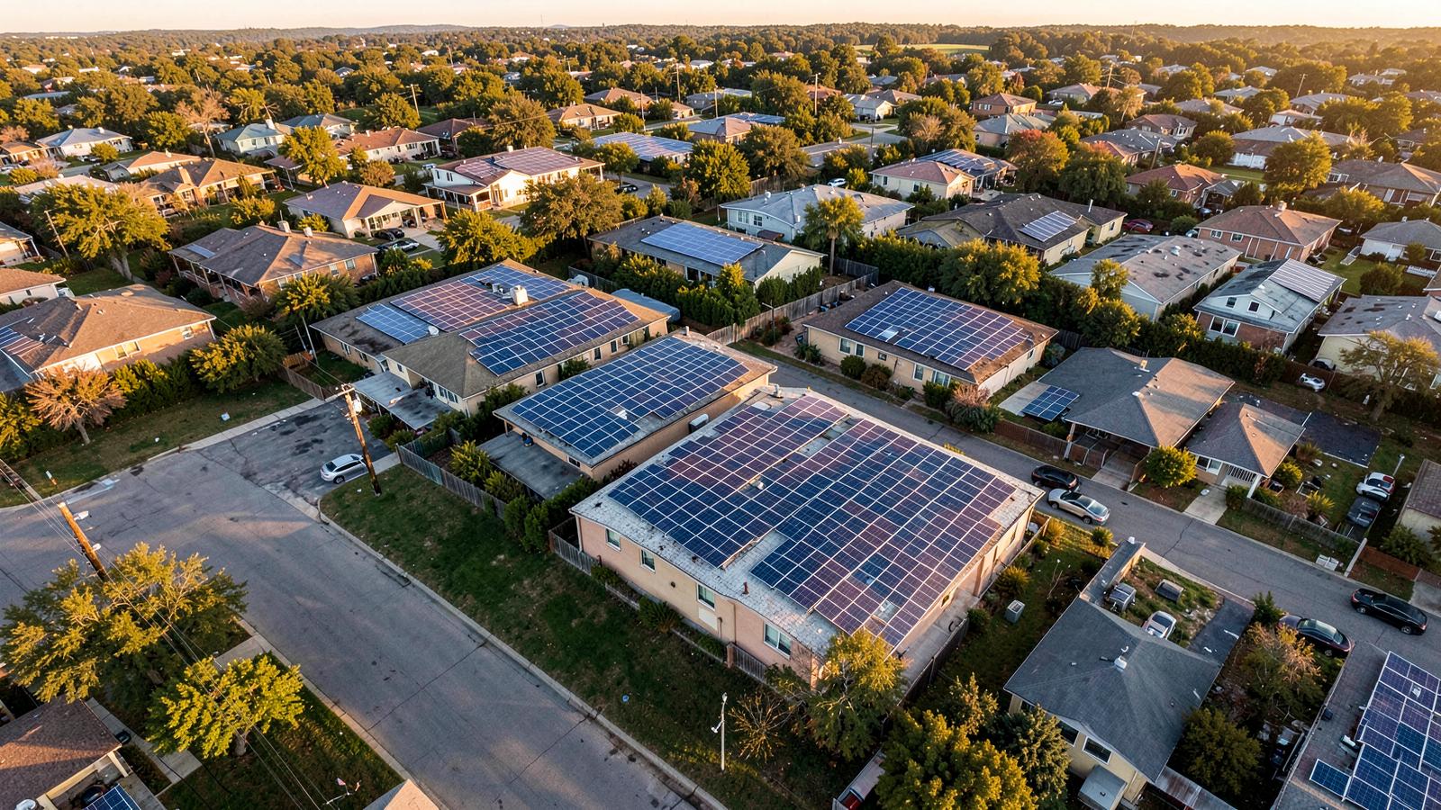 Aerial view of a Texas neighborhood with solar panels on rooftops