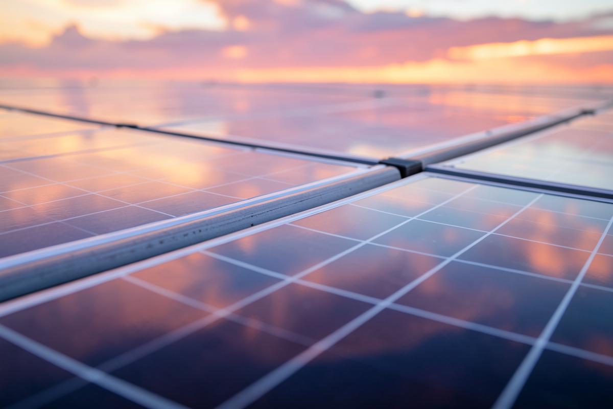 Close-up of solar panels reflecting a Texas sunset
